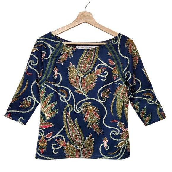 Gretchen Scott XS Pullover Top Navy Multi-color Paisley 1/2 Sleeve - Picture 1 of 6